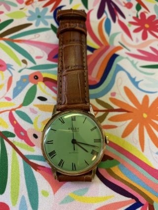 Vintage Jade Green Face Gold Wind Up Kelek Watch W Brown Leather Croc Band