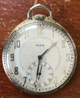 Vintage Elgin Deco 17j 14k White Gold Filled Gf Open Face Pocket Watch Size 12s