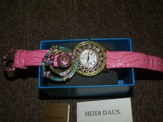 Heidi Daus Butterfly & Flowers Flip Watch Bracelet Pink Leather Crystals