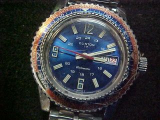 Vintage Clinton 17 Jewels Automatic Blue Dial Day Date Silver Tone Men 