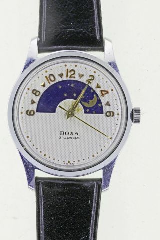 A Rare Doxa 24 Hour Sun Moon Dial Wristwatch With Dead Beat Seconds Ca.  1950
