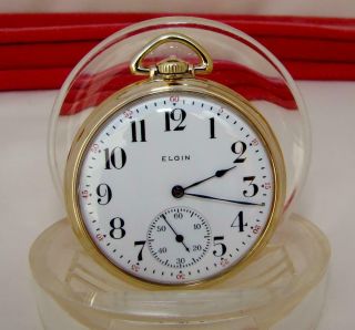 1923 Elgin Pocket Watch Dial In Victory 10k Roller Gold Plate Case 12s Runs