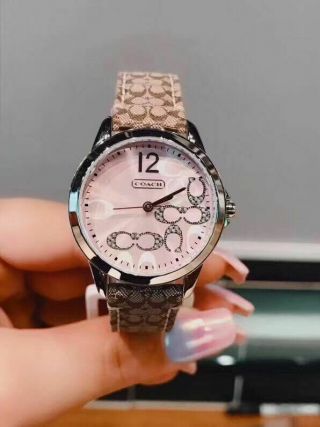 Nwt Coach Womens 14501621 Classic Signature Khaki Strap Pink Silver Dial Watch