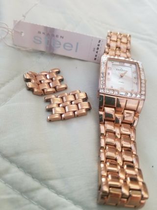 Skagen Rose Gold,  Swarovski Crystals,  Mother Of Pearl Face Wrist Watch For Women