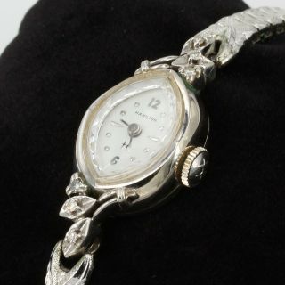 Vintage Solid 10k White Gold Ladies Hamilton 17 Jewel Watch Diamond Accents Runs