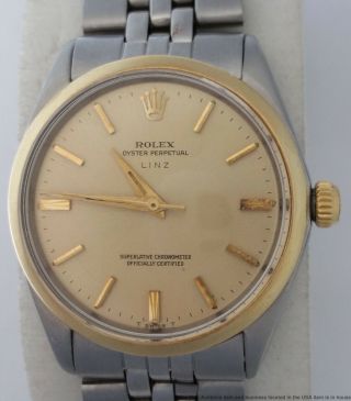 Vintage Rolex 18k Gold Ss Private Label Linz Dial Oyster Perpetual Mens Watch