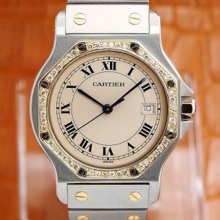 Cartier 18k Gold Diamond Stainless St Santos 30mm Unisex Swiss Quartz Watch S74