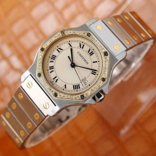 Cartier 18k Gold Diamond Stainless St Santos 30mm Unisex Swiss Quartz Watch S74 2