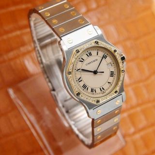 Cartier 18k Gold Diamond Stainless St Santos 30mm Unisex Swiss Quartz Watch S74 3