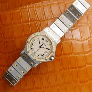 Cartier 18k Gold Diamond Stainless St Santos 30mm Unisex Swiss Quartz Watch S74 6