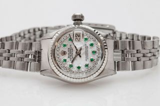 $7000 Rolex 18k Gold Ss Ladies Datejust 1ct Emerald Diamond Watch & Box