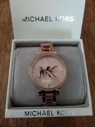 Michael Kors Womens Mk4335 Sofie Rose Gold Tone St Steel Logo Dial Watch