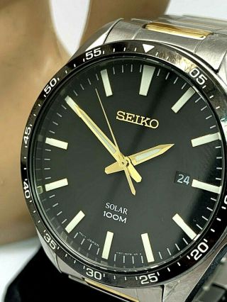 Seiko Solar Black Dial Date Two Tone Stainless Steel V157 - 0cp0 Mens Watch Sne485