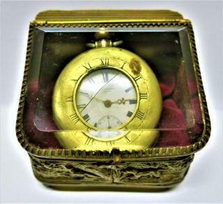 Antique Continental Small Pocket Watch Holder - Hunting Scenes & Glass Lid