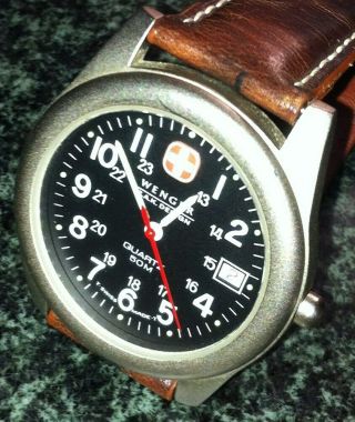 Wenger Swiss Army Watch Quartz Date Black Face,  Brown Leather Band