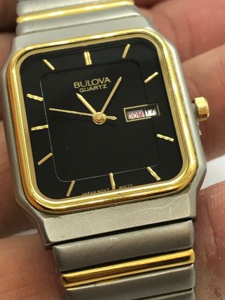 Vintage Bulova Quartz 90c77 Two Tone Mens Wrist Watch Runs Gunmetal Color