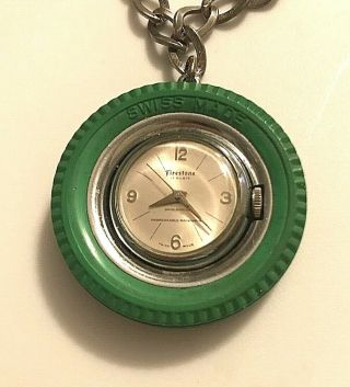 Vintage Firestone Pocket Watch 17 Jewels W/green Tire And Sterling Chain