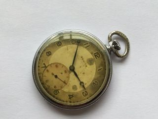 1930’s Zenith Pocket Watch Engraved Metal Chrome Case 45.  5 Mm (running Well)