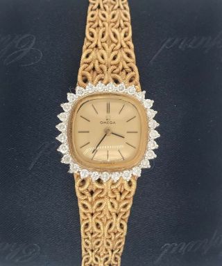 Omega Factory Diamond 18k Gold Mid Century Ladies Large Mechanical Watch