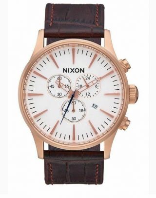 Nixon Rose Gold Brown Sentry Chrono Leather Strap Unisex Gator Watch A4052459