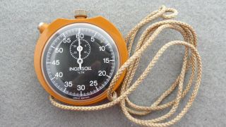 Vintage Ingersoll Stopwatch,  1/5 Seconds,  White On Black Dial,  Orange/brown Case