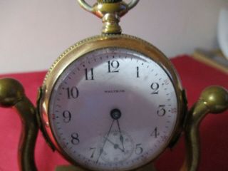 Antique Waltham Open Face Pocket Watch with Stand 5