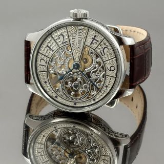 Patek Philippe Movement Swiss Silver Dial Hand Engraved Skeleton Watch 47 Mm