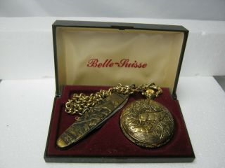 Belle Suisse Swiss Made Dog Elk Pocket Watch W/ German Knife,  Chain,  & Box