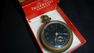 Running ✔R.  H.  INGERSOLL & BRO.  ✔YANKEE ✔Black & Gold Face Pocket Watch w/Box 2