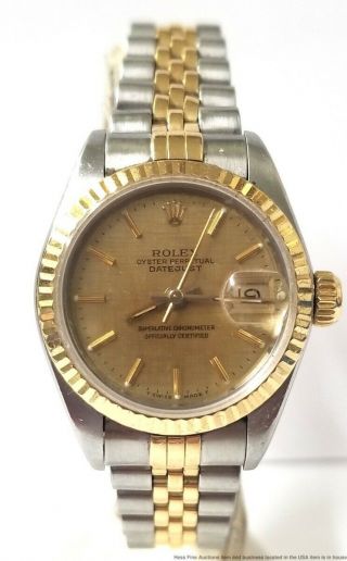 Rolex Datejust 69173 Ladies 18k Gold Ss Quickset Textured Dial Watch