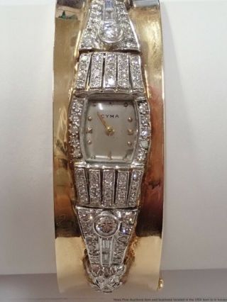 Art Deco Platinum 3tcw Diamond Watch Set In Mid - Century 14k Gold Ladies Bangle