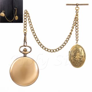 Antique Design Quartz Bronze Pocket Watch With Chain And Locket,  Gift Packing
