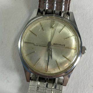 Vintage BENRUS 3021 Silver Shock Absorber Swiss Men ' s Wristwatch Running READ 3