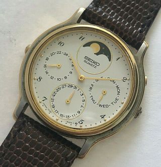 Vintage Seiko Perpetual Calendar Moonphase Quartz Mens Watch,  Ref.  7f38 - 6070