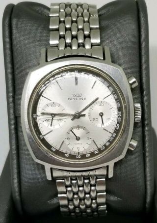 Vtg Glycine Valjoux 85007 Chronograph Stainless Steel Silver Dial Wristwatch