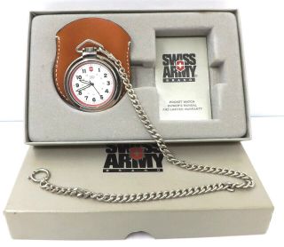 Swiss Army Mens 48mm Pocket Watch W/ Iob & Leather Pouch Nos V22