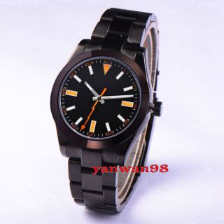 40mm Parnis Black Sterile Dial Pvd Case Orange Marks Sapphire Automatic Watch
