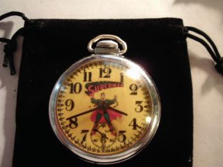Vintage 16s Pocket Watch Superman Theme Dial & Case Runs Well.