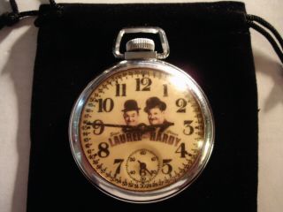Vintage 16s Pocket Watch Laurel & Hardy Theme Dial & Case Runs Well.