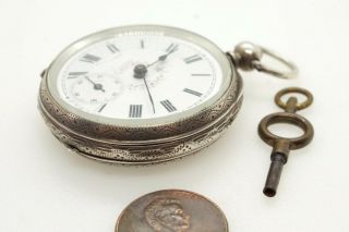 LOVELY ANTIQUE VICTORIAN SILVER LADY ' S GENEVE POCKET WATCH & KEY c1890 N/RES 2
