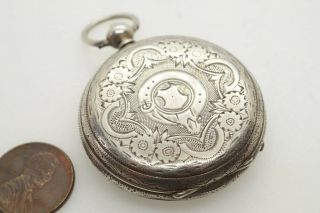 LOVELY ANTIQUE VICTORIAN SILVER LADY ' S GENEVE POCKET WATCH & KEY c1890 N/RES 4
