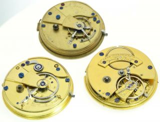 Three Mid 19th C English Fusee Lever Pocket Watch Movements For Repair