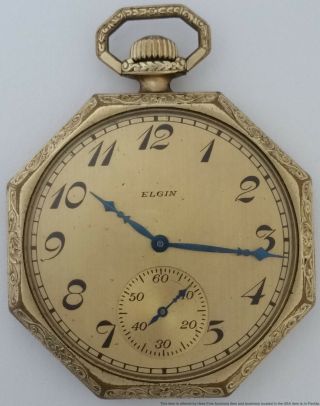 Antique Octagonal Art Deco Elgin 12s 15j Open Face Pocket Watch