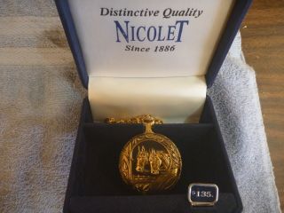Vintage Nicolet Horse Swiss Covered Pocket Watch Gold Tone With Chain Quartz