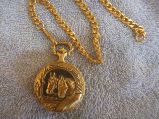 Vintage Nicolet Horse Swiss Covered Pocket Watch Gold Tone with Chain Quartz 2