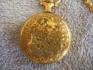 Vintage Nicolet Horse Swiss Covered Pocket Watch Gold Tone with Chain Quartz 3