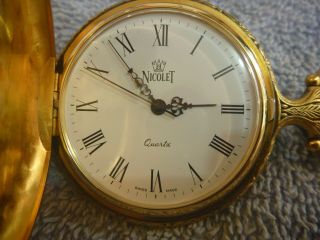 Vintage Nicolet Horse Swiss Covered Pocket Watch Gold Tone with Chain Quartz 4
