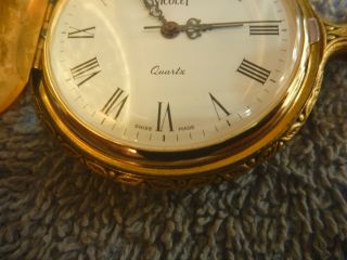 Vintage Nicolet Horse Swiss Covered Pocket Watch Gold Tone with Chain Quartz 5