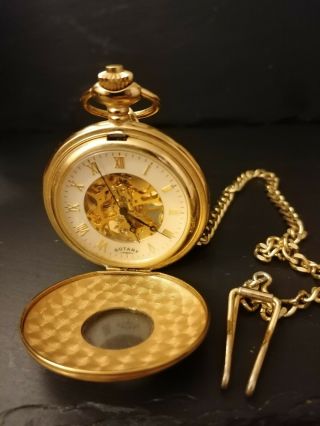 Rotary Double Hunter Skeleton Mechanical Pocket Watch With Albert Chain 64 - 4