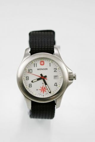 Wenger Swiss Compass Watch Stainless Steel Silver White Date Black Nylon Band